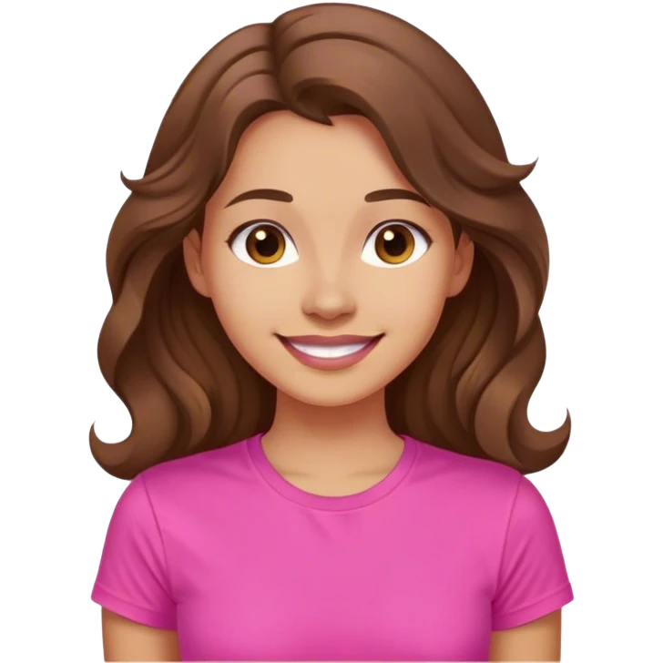 A young woman with long, wavy brown hair . She is wearing a vibrant pink t-shirt. She has a  warm glow on her face, and she has a gentle smile with a confident and relaxed posture.  emoji