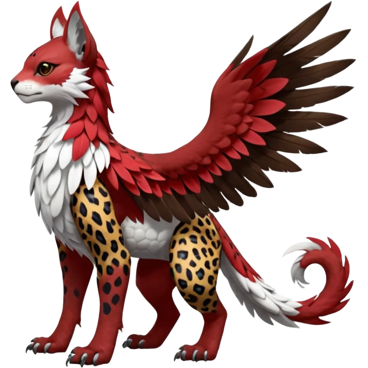 Winged hyper-realistic Feral Rare realistic edgy brown, white, red pretty beautiful handsome gorgeous aesthetic colorful vibrant Vernid-Trico-Silvally-Nargacuga-Gryphon-Leopard-fusion-hybrid-species-Fakemon-creature by LiLaiRa, splotch-rosettes fur markings, rounded ears, full body emoji