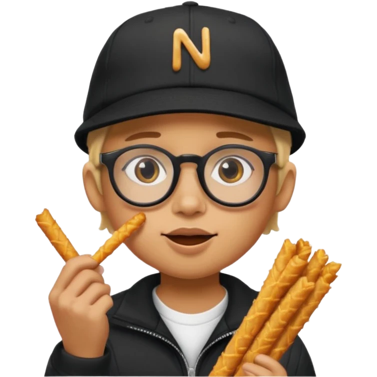 num num eatting hashbrown sticks with a plain black cap and glasses no hair add the words Rollin' 18 to hat emoji