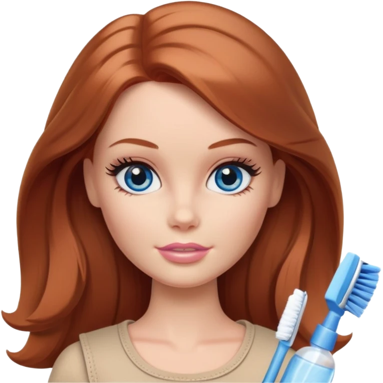 A Barbie girl with blue eyes, shoulder-length reddish-brown hair, made-up, and beige clothes is cleaning emoji