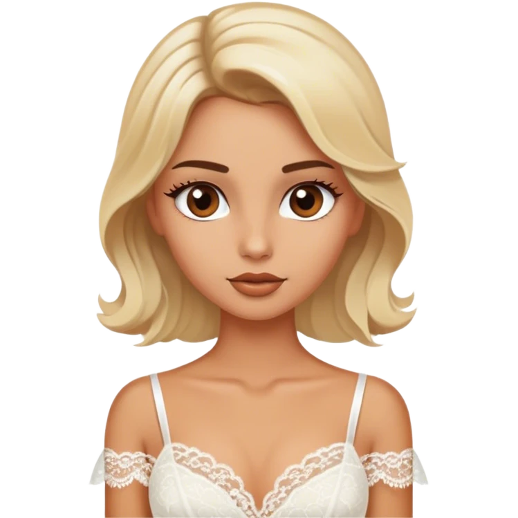 Blonde model with brown eyes, honeymoon, white silk and lace dress emoji