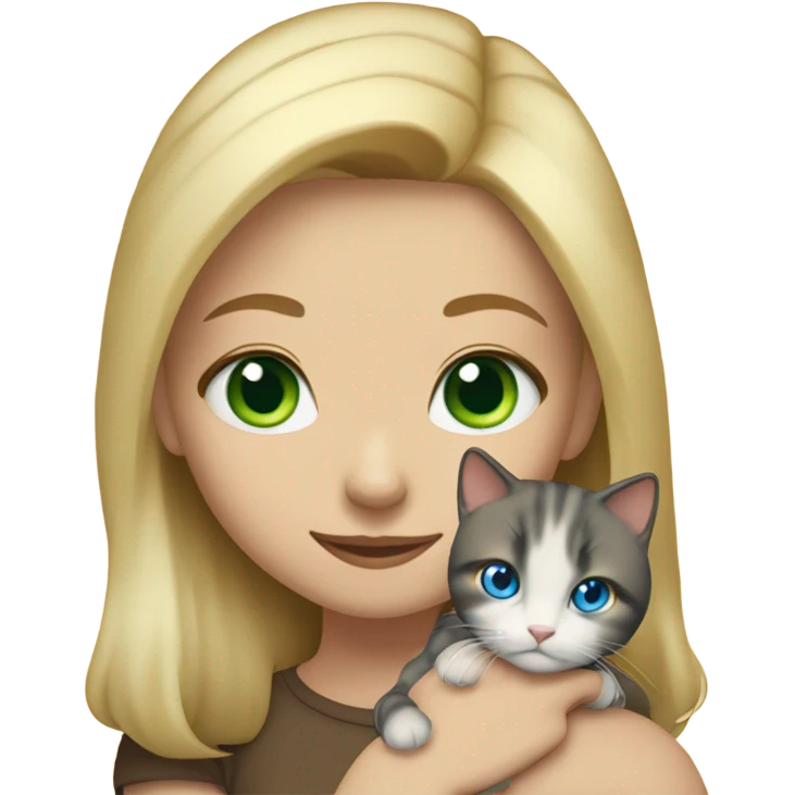 blonde girl with blue eyes,  holding a calico cat with green eyes emoji
