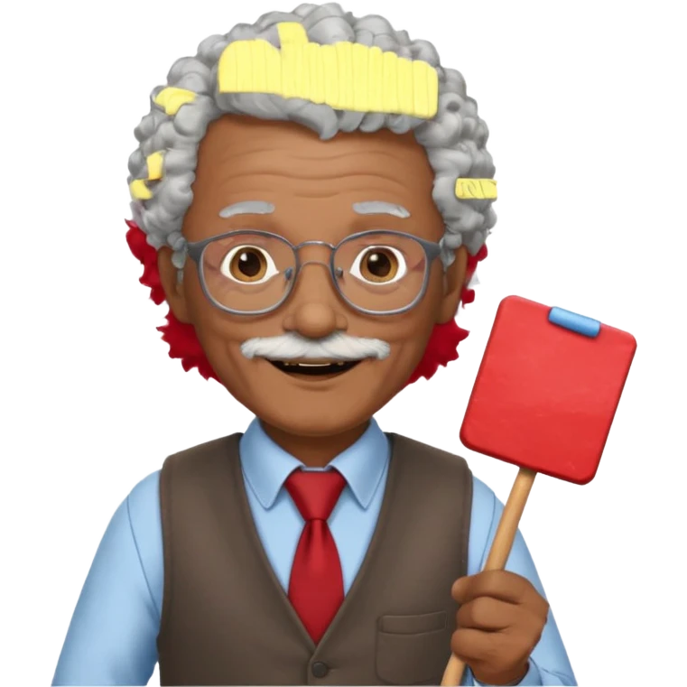 old man teacher, brown skin, curly grey white hai, wearing glasses, brown vest, red tie hold chalk on hand emoji