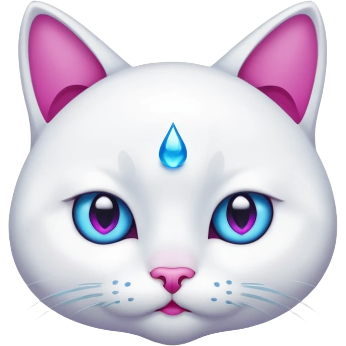 White cat, emphasized sad face, blue water tear drop below one eye, magenta eyes, black background, cute cartoon style emoji