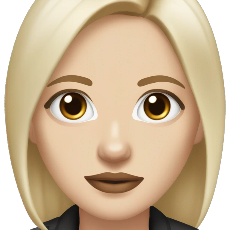 Slavic woman with blue eyes, fair skin, straight brown hair with blonde streaks medium bob, goth eyes makeup, beige lips, dressed in white T-shirt and office black jacket. emoji