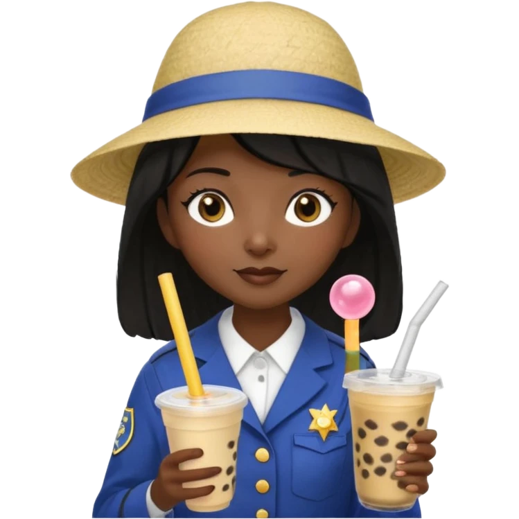 A Mysterious Elderly Female with Dark skin and Straight hair, wearing a Uniform outfit, a Sunhat, No glasses, carrying a Enchanted staff, working as a scientist, while drinking Bubble tea and reading a Journal. emoji