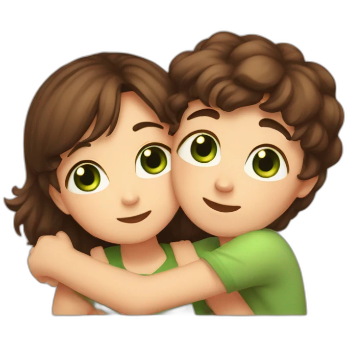 Girl with brown eyes and brown hair kisses the boy with brown hair and green eyes and hugs brown cats emoji