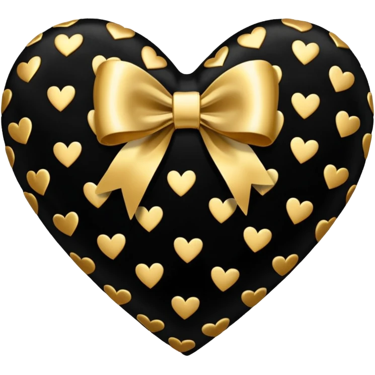 glossy velvet black heart with a gold bow and heart pattern on the bow emoji