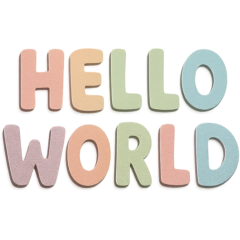 "Hello World" in soft pastel rainbow cute bold letters, hand-drawn rounded font, no outline, transparent background emoji