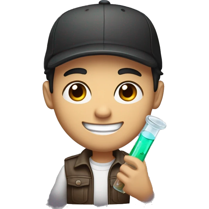 "Light-skinned Latino male with short black hair, wearing a backward cap. Brown eyes, slightly thick lower lip, smiling. Holding a test tube in one hand and a video game controller in the other. Cartoon style emoji