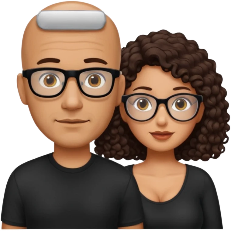 A picture of a tanned couple. the man is a Mexican man with tanned skin, with a bald hair cut, short beard and wearing a black shirt, no glasses. the woman is wearing rectangle shaped glasses, with long curly dark brown hair and with big boobs  emoji