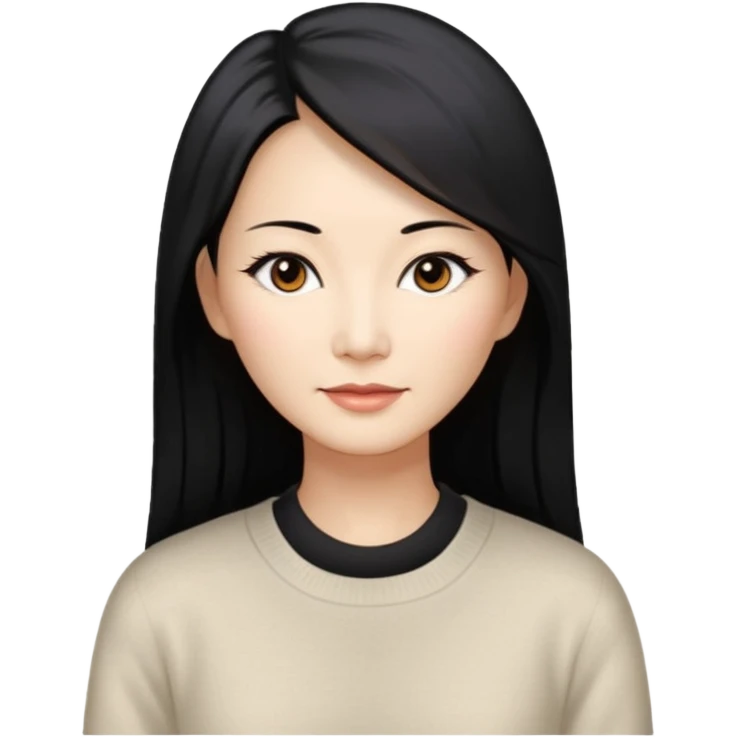 Chinese woman 51 years old, elegant sophisticated expression, long straight black hair with highlights, brown eyes, white cashmere sweater emoji