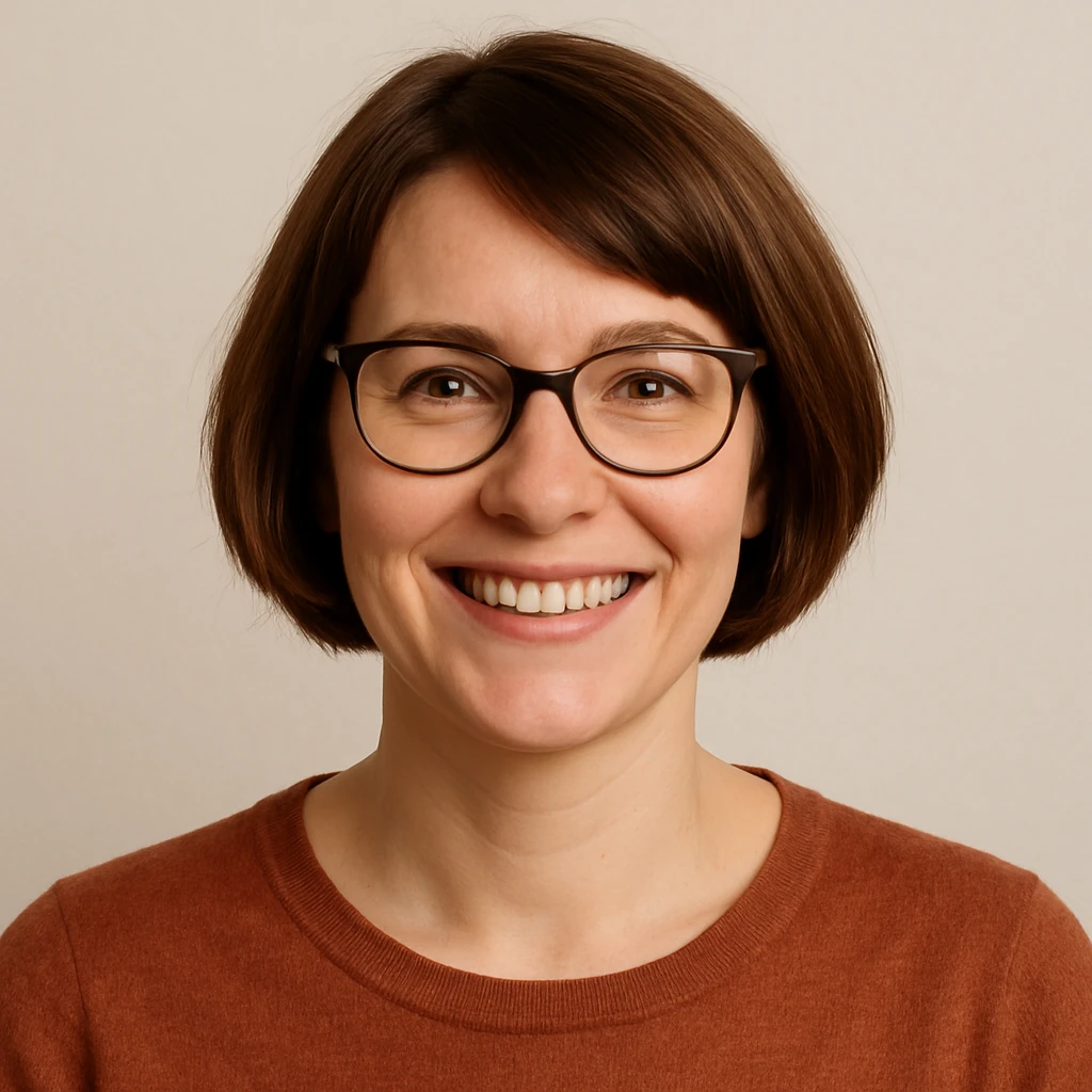 white woman with short brown bob haircut, smiling, glasses, friendly expression, simple background emoji