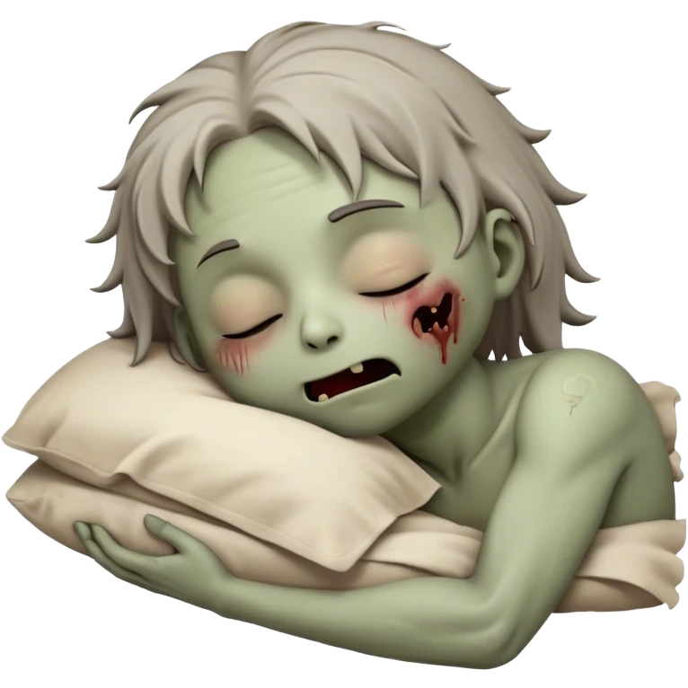 Meme-Worthy Cute Sleeping Zombie Portrait Emoji, with a delightfully quirky, slightly disheveled decaying face in soft ashen hues, head tilted back in peaceful, relaxed sleep with softly closed eyes and a tiny, endearing smile, simplified yet irresistibly charming, highly detailed with a soft eerie glowing outline that captures the gentle, unexpected cuteness of a zombie in serene repose! emoji