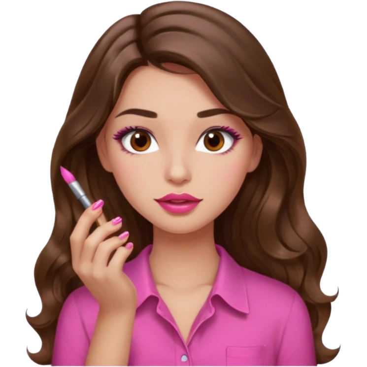 girl with long wavy brown hair, brown eyes, light to medium complexion, in a pink shirt, pink lips, long lashes, puckered lips,  painting long nails emoji
