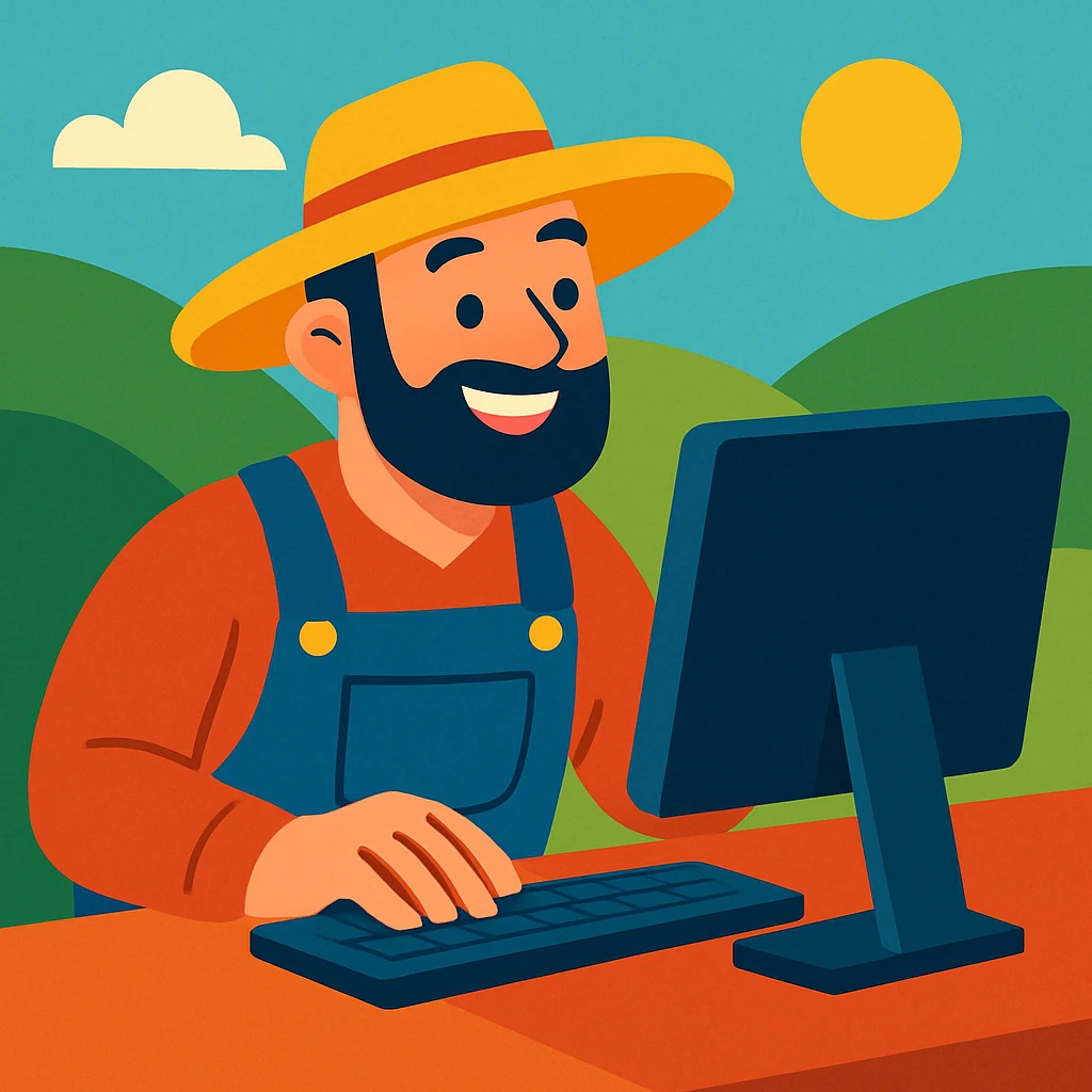 a smiling farmer using a computer, looking happy and relaxed, modern illustration style emoji