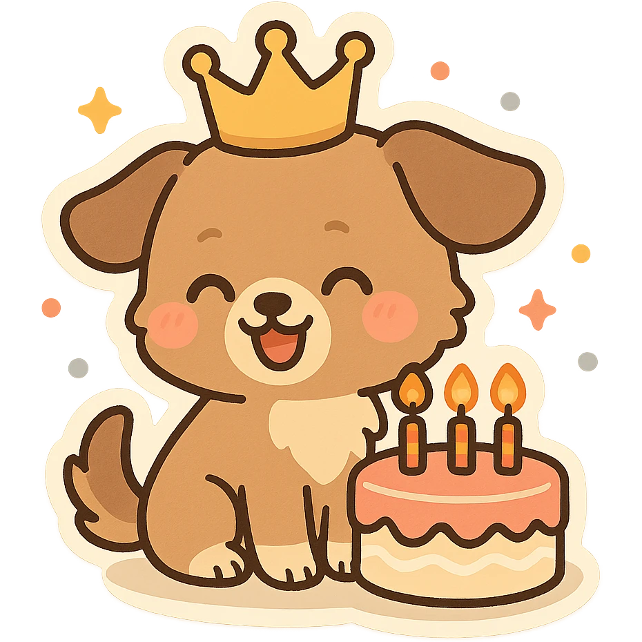 cute dog wearing a birthday crown, sitting next to a birthday cake, cheerful and festive, simple background emoji