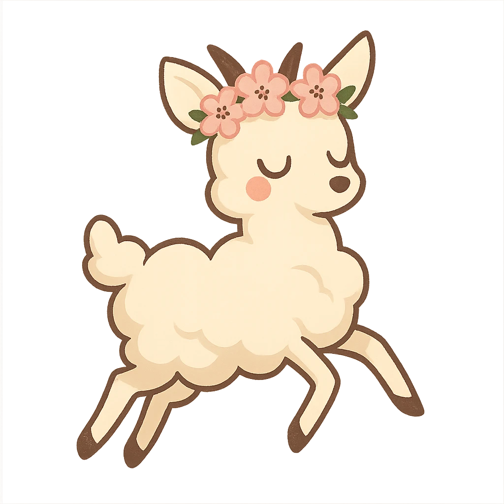 vanilla-colored cloud doe with rosy cheeks, cherry blossom crown, floating gracefully with witch-like elegance, brand identity mascot for social media emoji