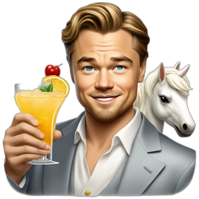 Leonardo DiCaprio smiling, raising a glass of cocktail and riding a white unicorn as a rich billionaire emoji
