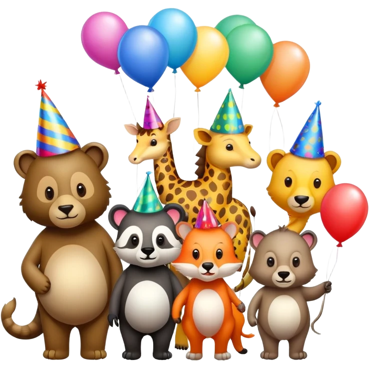 Wild animals in party hats with balloons emoji