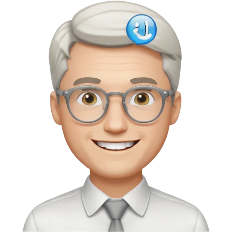 30 yr old pale white man, white/grey side swept stylish hair, round glasses, big smile, white teeth, handsome, longer hair, thin glasses, white dress shirt emoji