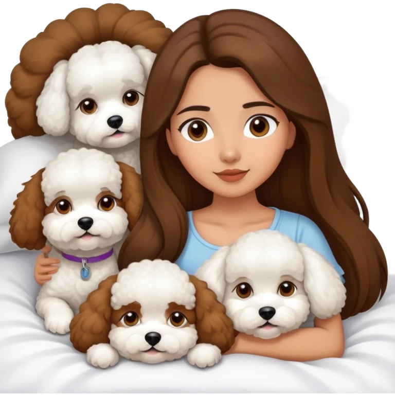Olive skin girl with long brown hair in bed with 3 WHTE bichon frise's emoji