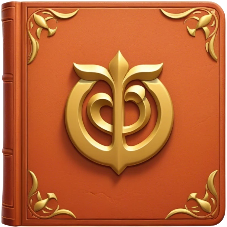 Un libro de cuero rojo terracota, con textura envejecida y bordes dorados desgastados. En la portada, un loto dorado en relieve, irradiando una aura cálida de sabiduría y transformación emoji