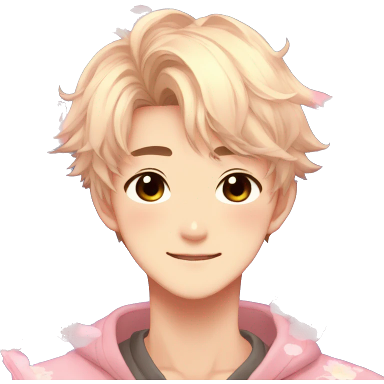 Gorgeous bright sparkly romantic Asian anime style guy with blushing face and flowers aesthetic trending style outside emoji