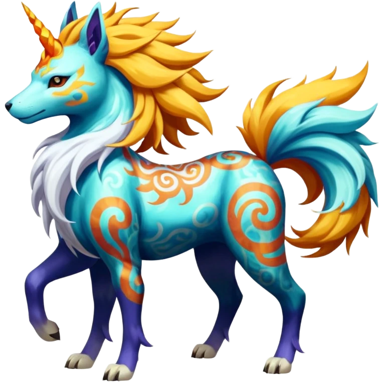 Graceful Divine Loyal Merciful Marked Patterned Colorful Painted Oriental Asian Patterned Tropical Exotic Toxic Suicune-Solgaleo-Rapidash-Arcanine-fusion-hybrid-creature (full body) emoji