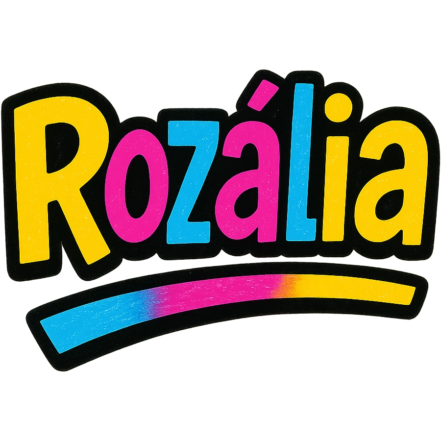Rozália name in modern colorful gradient font with dark outline, dynamic slanted or partial underline, transparent background, in the style of reference patterns emoji