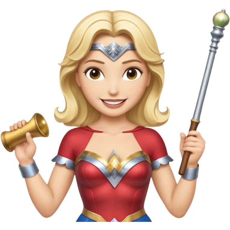 Blonde Wonder Woman holding short white orchestra conductor’s baton and bell emoji