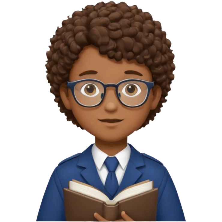 Boy student wearing uniform, glasses, hold book in front of their chest, brown curly hair, dark skin emoji