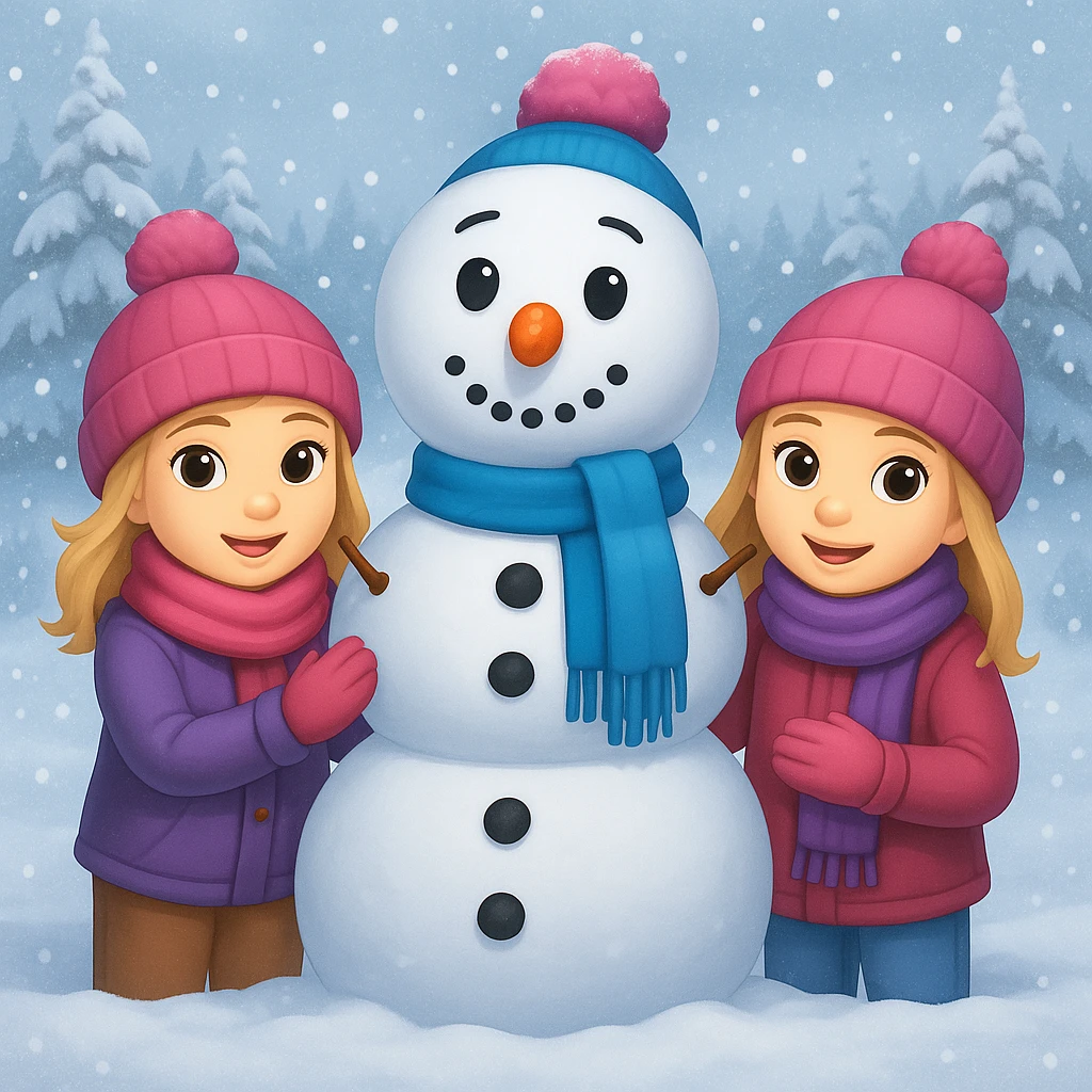 Add a snowy background behind the kids building a snowman, keep the original emoji style emoji