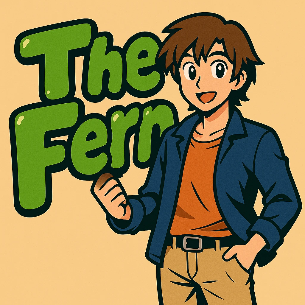 Add a brunette anime man standing in front of the green bubble letters that say 'The Fern' with a black outline. The man should have medium-length brown hair, stylish casual clothes, and an expressive anime face. Keep the vibrant, cartoonish, eye-catching vibe. emoji