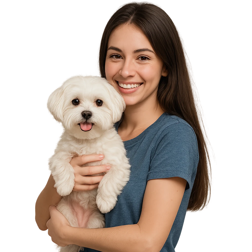 brunette girl with long hair holding a Maltese dog, friendly and cute emoji