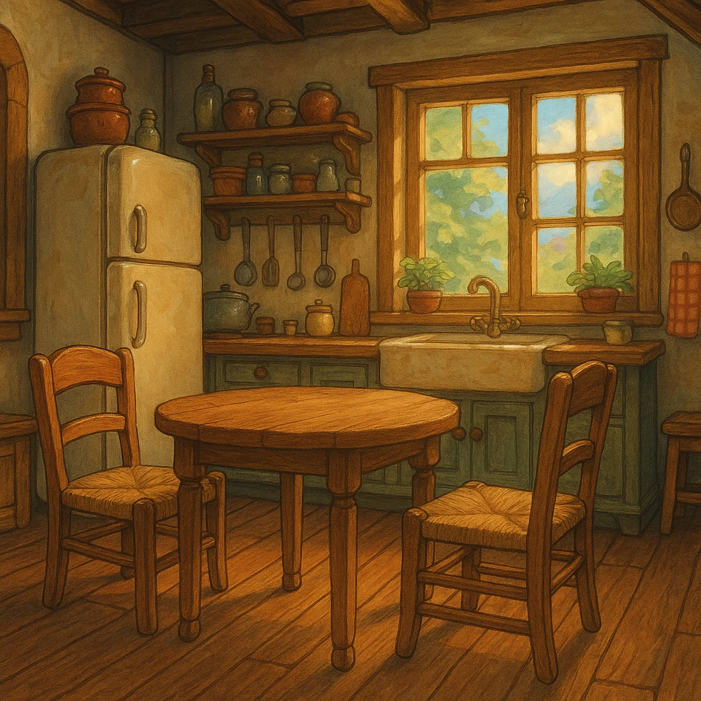 kitchen room with refrigerator, table, and chairs in ghibli style emoji