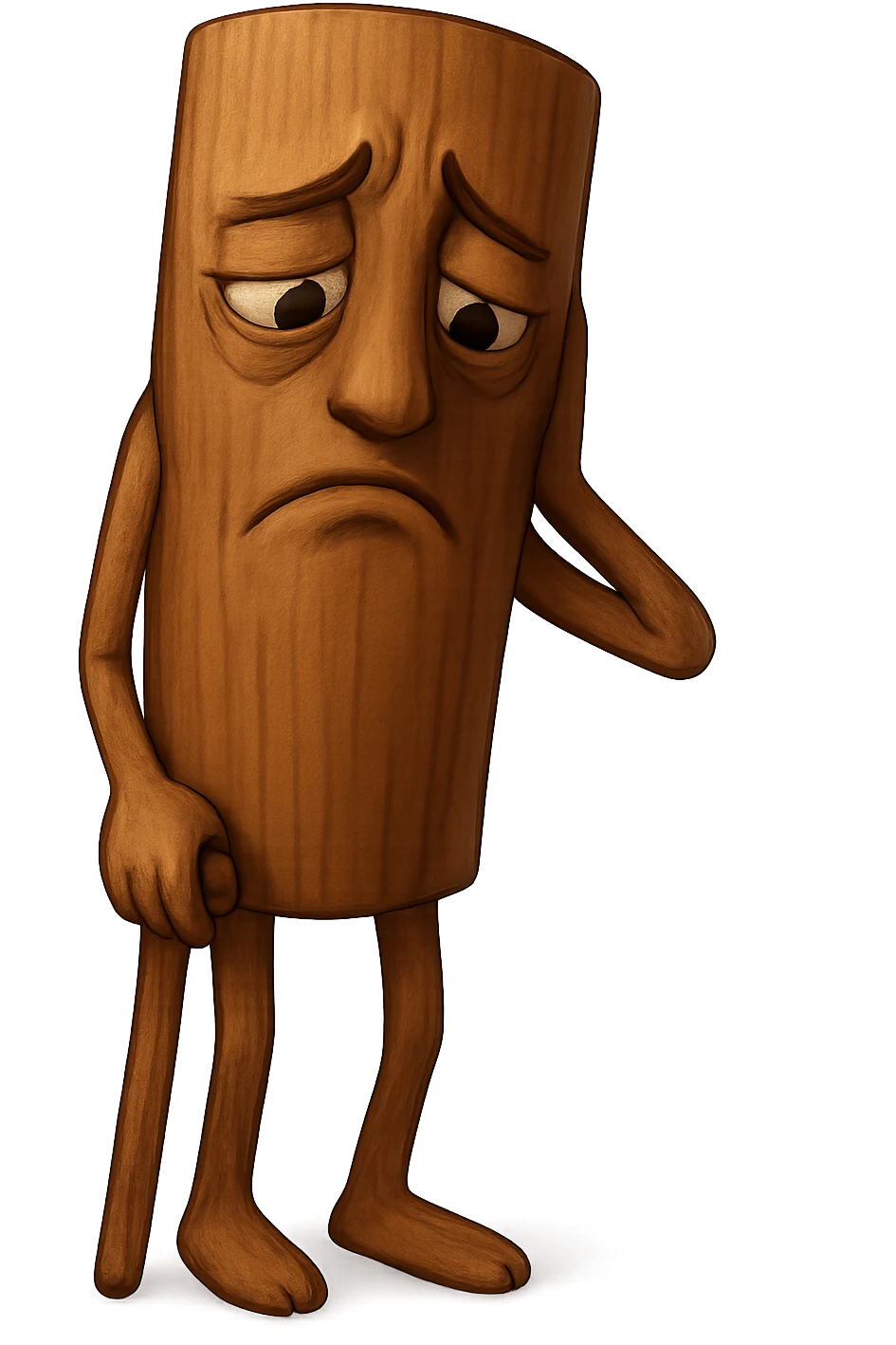 Create a sad expression for a cinnamon stick character. The character should have a sorrowful and downcast face with a transparent background. emoji