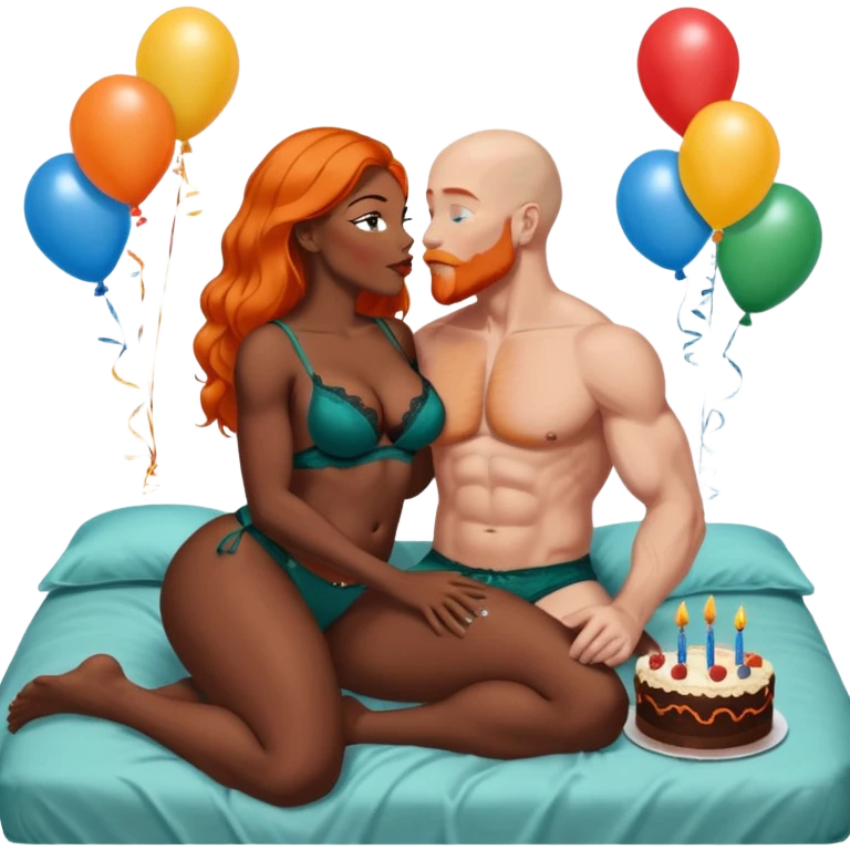 Muscular Bald white male who has a orange beard & blue eyes, kissing curvy African American dark brown woman who has long brown black hair wearing dark green lingerie Laying in bed with chocolate birthday cake and balloons  emoji