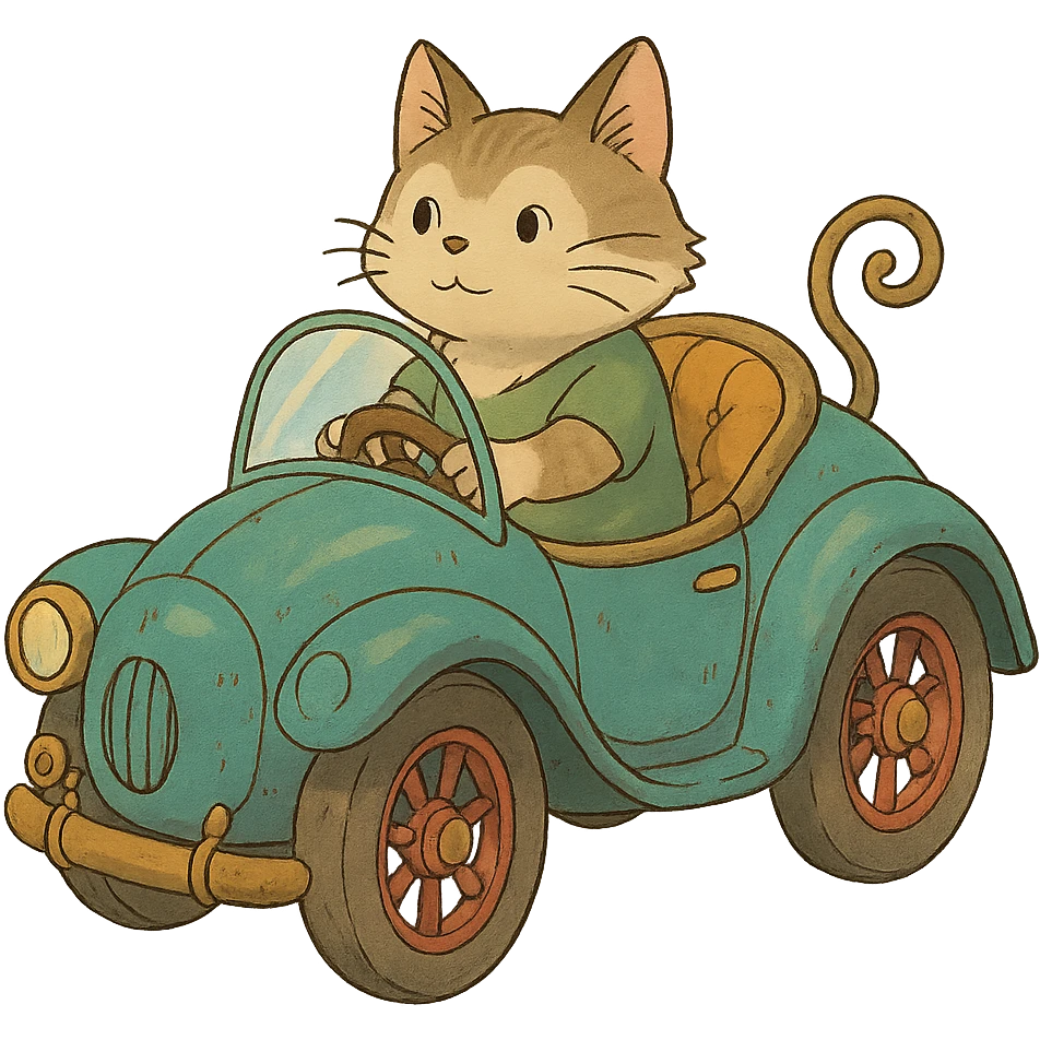 ghibli style illustration of a cat riding in a whimsical car emoji