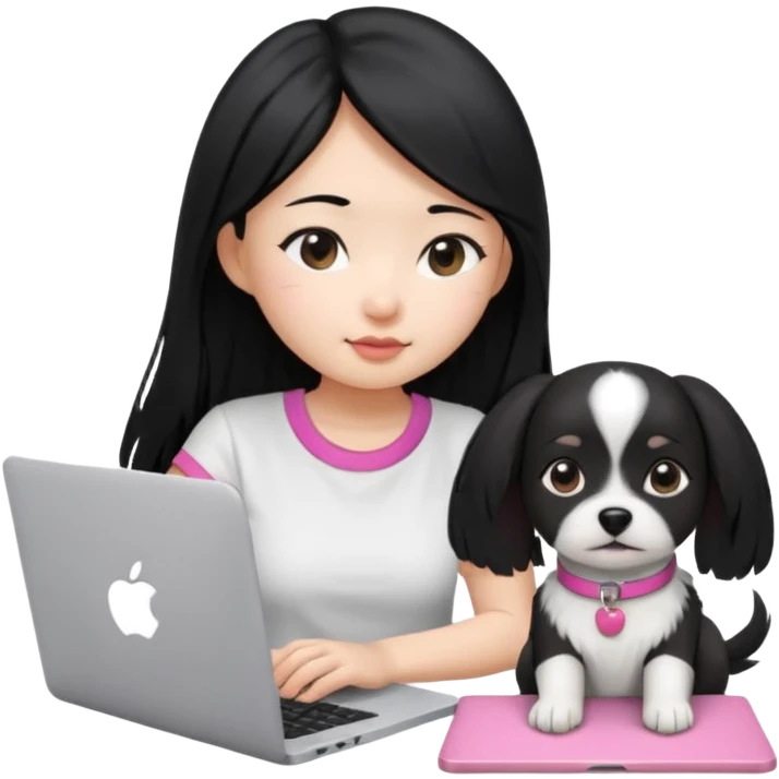 Blue back ground, Asian girl with long black hair , wearing a white t-shirt, working on an Apple laptop, next to her is a small black and white dog with pink collar on  emoji