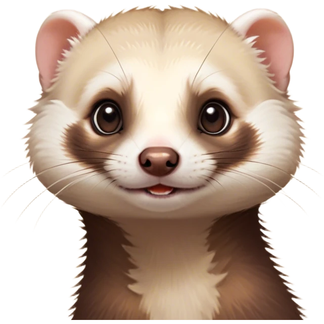 Cinematic Cute Ferret Portrait Emoji, Head tilted playfully, with an elongated, flexible body and a characteristically curious expression, featuring a short, pointed snout, bright, sparkling eyes, and soft fur in warm brown and cream tones, Simplified yet irresistibly adorable features, highly detailed, glowing with a warm, friendly glow, high shine, affectionate and lively, stylized with a touch of whimsical mischief, soft glowing outline, capturing the essence of a fun-loving and mischievous ferret that feels like it could scamper straight into your heart! emoji