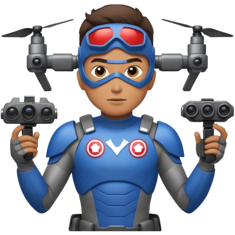 Un photographe homme high tech, une armure de terrain à la super héro. Il a des appareils photos, des caméras embarquées et un drone derrière lui en hauteur. emoji