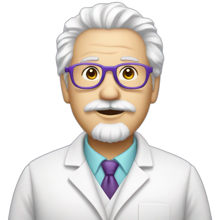 scientist with white coat (white beard, white mustache, white einstein hair, purple circle glasses) emoji