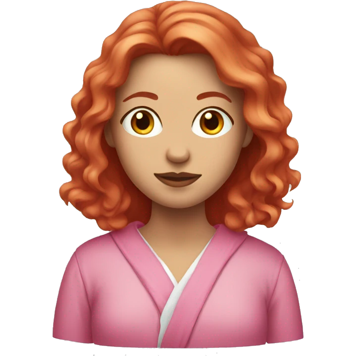 A red-haired girl with long hair in a pink robe and mask emoji