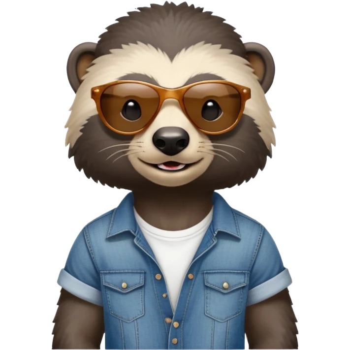 friendly anthropomorphised honey badger in jeans and a t-shirt, wearing sunglasses, head and shoulders view, looking to the side emoji