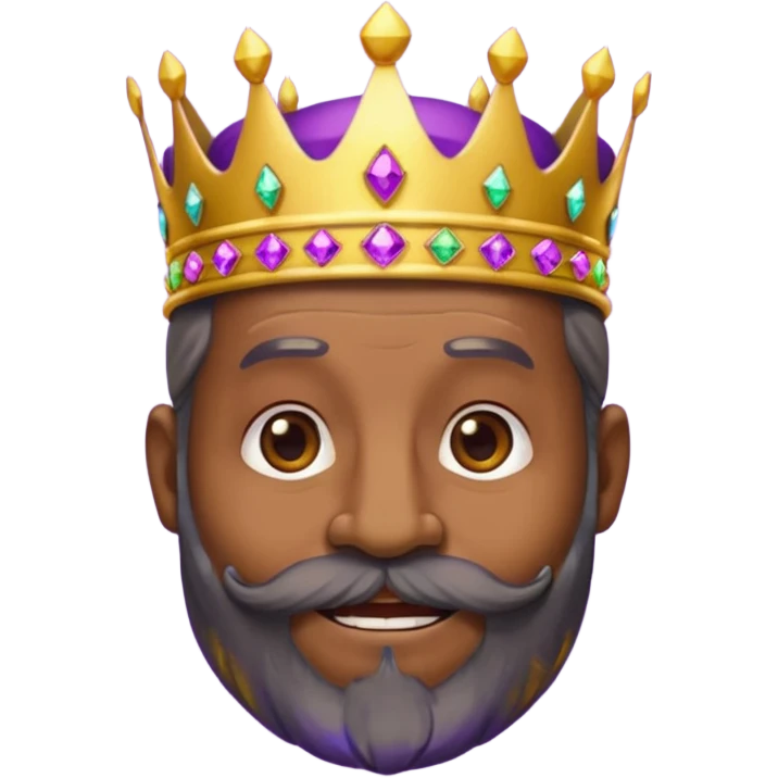 Create a cartoon-style emoji of Baltasar, one of the Three Wise Men. Only show his face and crown. He is older, with dark skin and a full black beard, joyful wrinkles, and a purple and gold jeweled crown. Express warmth, wisdom, and friendliness. Colorful and simple, suitable as an emoji. emoji