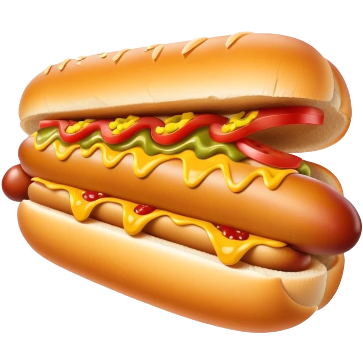 Cinematic Realistic Hot Dog Dish Emoji, featuring a classic hot dog in a bun topped with mustard and relish rendered with crisp textures and vibrant, dynamic lighting. emoji