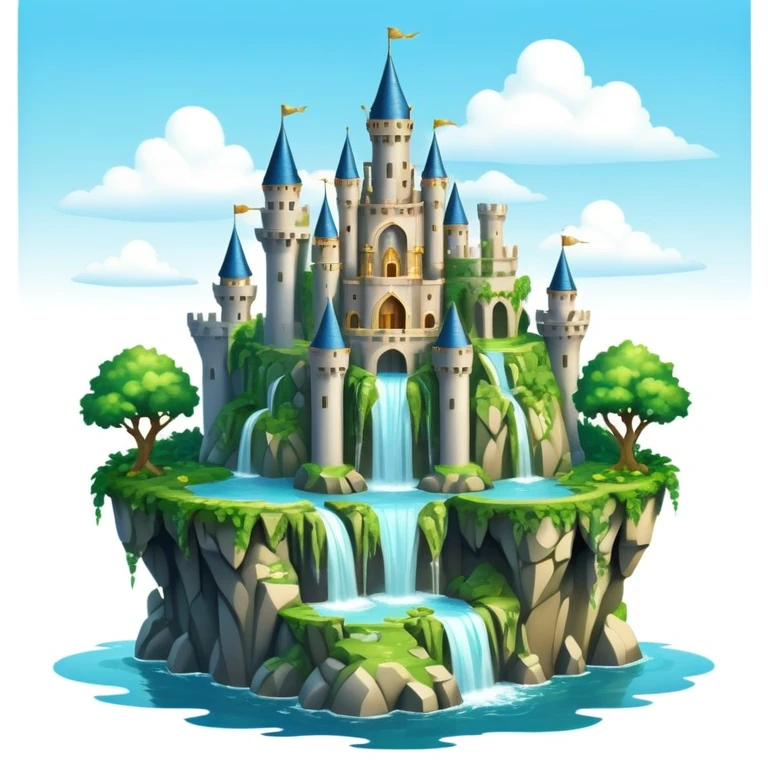 Fantasy castle on a floating island with waterfalls emoji
