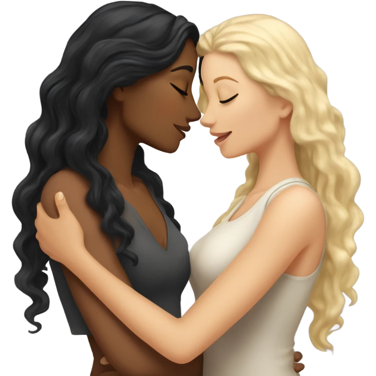 A indian race woman with long black hair kissing a white woman with curly dirty blonde hair, Who embrace each other tenderly emoji