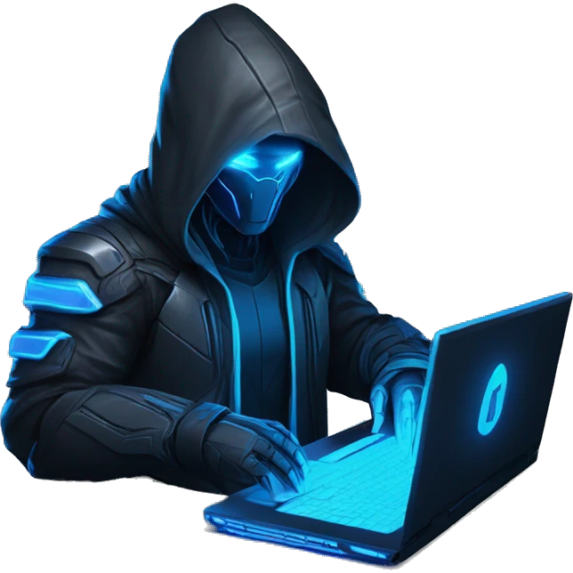 developer behind his laptop with this style : crysis Cyberpunk Valorant neon glowing bright blue character blue black hooded assassin themed character emoji